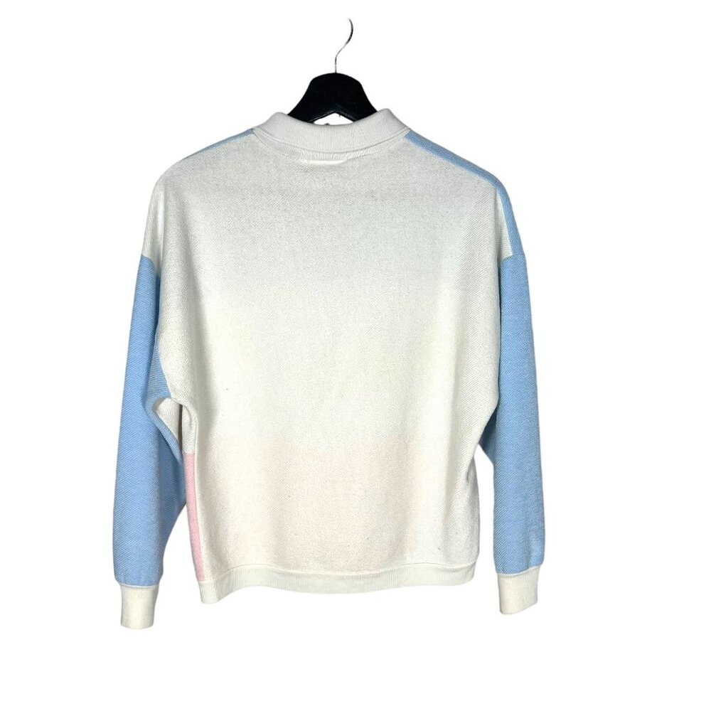 Vintage 80s Blue Pink Collared Pull Over Color Block Sweater Medium - Picture 2 of 7